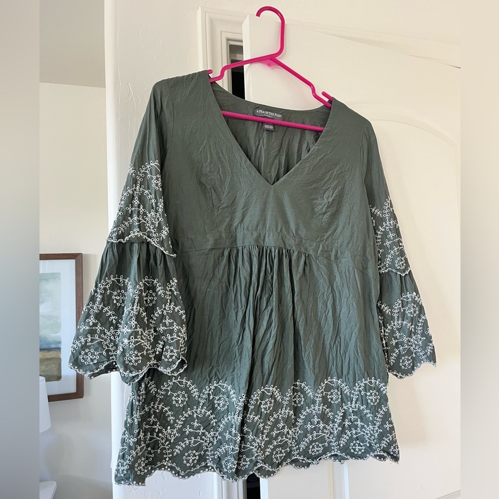 A Pea in the Pod Olive Green V-Neck Embroidered Tunic
